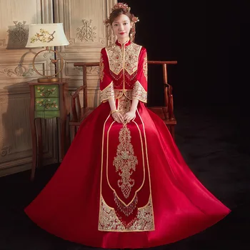 Tradicinis kinų Aukštos klasės, Išskirtinį Siuvinėjimo Cheongsam Pora Vestuvių Kostiumą Elegantiškas Tuoktis Suknelė китайская одежда
