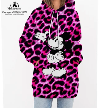 Rudenį Hoodie Disney Mickey Minnie Leopard Hoodie Moterų Palaidinukė Megztinis Moterims Spausdinimo Ilgai Mados Streetwear ir Puloveriai