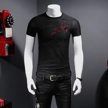 Išsiuvinėti blizgučiai slyvų modelis high-end luxury trumpas rankovės marškinėliai Vasaros 2021 Naujos kokybės tencel minkštas kvėpuojantis marškinėliai vyrams