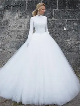 2022 Musulmonų Baltos Spalvos Elegantiškas Vestuvių Suknelė Ilgomis Rankovėmis-Line Tiulio Aukšto Kaklo Aplikacijos Nuotakos Suknelė Vestido De Novia Moterims