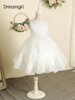 O-Kaklo Merginos Princesė Suknelės Baltos Vaikas Gėlių Mergaičių Vestuvės Suknelės Zip Tiulio Aplikacijos Pakopų Mergina Suknelės Su Laivapriekio