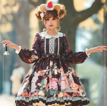 kawaii girl gothic lolita op Saldus princesė lolita suknelė vintage žiedlapis nėrinių apykaklę bowknot spausdinti aukštos juosmens viktorijos suknelė