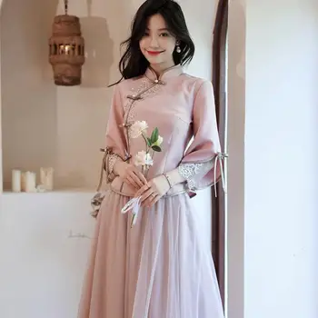 Seksualus Siuvinėjimo Gėlių Satino Cheongsam Ilgas Plonas Qipao Kinijos Moterų Suknelės, Derliaus Mygtuką Bridemaid Vestuves Vestidos