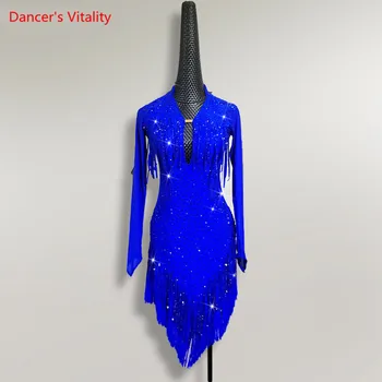 Lotynų Šokių Suknelė Visiškai Diamond Kutas Ilgas Sijonas Veiklos Drabužius High-End Užsakymą Moterų Suaugusiųjų Vaikų Competitio Drabužiai