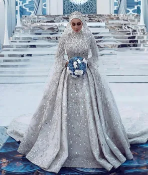 Musulmonų Prabangus Vestuvių Suknelės ilgomis Rankovėmis Blizgučiais Aukštos Vestuvinės Suknelės pagal Užsakymą Pagaminti Saudo Arabija Ilgai Traukinio Vestido de novia
