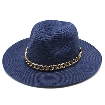 Naujas Mados šiaudų skrybėlę Su Grandinės moterų flat top plokščių kraštų top hat lauko laisvalaikio saulės, skrybėlę ir saulės, skrybėlę pajūrio skėtį nuo saulės paplūdimio skrybėlę