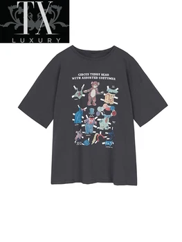 Vasaros 2022 Harajuku American Vintage Viršūnes Unisex Prarasti Trumpas Rankovės Y2k Animacinių filmų Spausdinti Atsitiktinis Negabaritinių Streetwear T-shirt Moteris