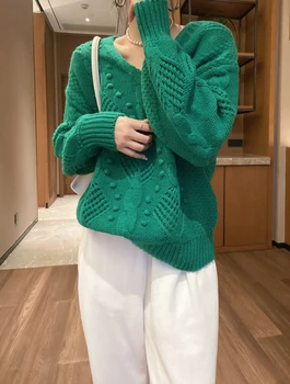 Nauji megztiniai 2021 m. rudens-žiemos mados atsitiktinis palaidų visą vilnos tuščiaviduriai lino modelis moterų V-kaklo, puloveriai megztinis
