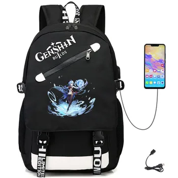 Genshin Poveikio Animacinių filmų Kuprinė USB Įkrovimo Nešiojamas Kelionių Kuprinė Mokyklos Maišeliai Paauglių Mergaičių, Berniukų Anime Bookbag