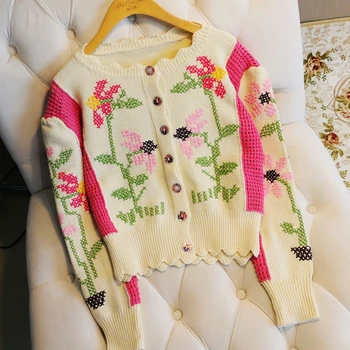 2021 m. rudenį naujų megztinis tuščiaviduriai kontrasto spalvų siūlėmis kryželiu gėlių apvalios kaklo megzti prarasti cardigan megztinis moterims