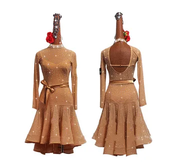 Nude Spalvos lotynų Šokių Suknelė Konkurso Rezultatus Kostiumas Moterų Tamsios Odos Spalva Visiškai kalnų krištolas Fishbone Šokių Sijonas, Dviejų dalių