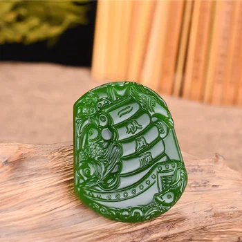 Natūralaus Green Jade Godfish Pakabukas Karoliai bižuterijos Vertus, Išraižytas Burlaivis Žavesio Amuletas, Dovanos, Aksesuarai Moterims, Vyrams
