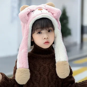 2022 m. Žiemos Skrybėlę Baby Girl Skrybėlę Berniukai Žiemos vaiko Šiltas Pliušinis Gobtuvu, Skara Animacinių filmų Mielas Juda Ausis Vaikų Skrybėlę