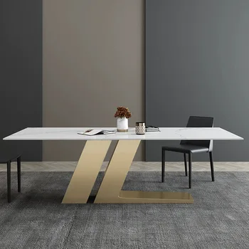 Modernios šviesos prabanga, stačiakampio formos pietų stalas restoranas minimalistinio nerūdijančio plieno, valgomasis stalas ir kėdės derinys
