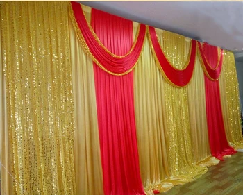 Aukso china swags su raudonos užuolaidos vestuvių backdrops