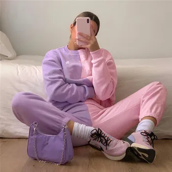 Rožinė ir PurplePatchwork Atsitiktinis Moterų Sweatpants Kišeniniai Liesas Aukšto Juosmens Streetwear Poilsiu Trackpants