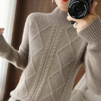Moterų naujas megztinis megztinis pusę aukšto kaklo 100% grynos vilnos megztinis rudenį ir žiemą storas megztas kašmyras, žemiausią marškinėliai