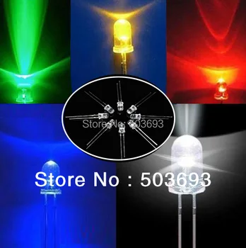 5colors kiekvieną 100vnt iš viso 500pcs UltraBright Raudona/Žalia/Mėlyna/Balta/Geltona Ultra Bright 5mm Apvalus LED Diodas