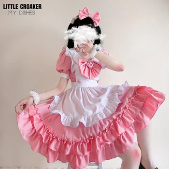 Candy Pink Lolita Dress Saldus Stilius Cute Kačių Kavinė Kambarinės Apranga Princesė Suknelės Flouncing BowJapanese Harajuku Lėlės Paauglių Suknelė