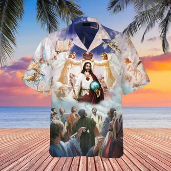 Nauja Havajų Mens Marškinėliai Jėzus Angelas Havajai Paplūdimio Atostogų JAV Negabaritinių trumpomis Rankovėmis Mygtuką Iki Marškinėliai
