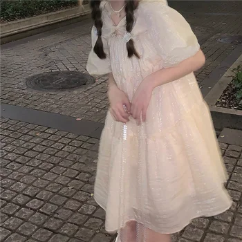 Vasaros Japonijos Princesė Lolita Dress 2022 Moterų Sluoksniuotos Rankovėmis Pynimas Abrikosų Pilka Lankas Aukšto Juosmens Baggy Mini Šalis Suknelė Minkštas Mergina