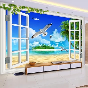 Custom Foto Tapetai, 3D Lange Marina Žuvėdra Paplūdimio Kokoso Medžio Vietos Plėtros Freskos Sienų Tapyba Už Kambarį Miegamasis