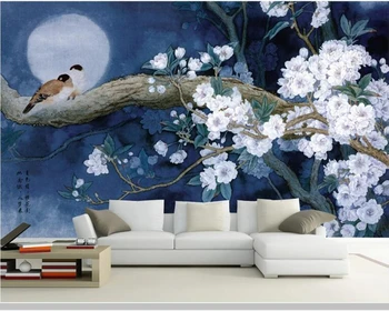 Papel de parede Kinų stiliaus gėlių ir paukščių mėnulis naktį 3d tapetai,gyvenamasis kambarys vaikams'bedroom sienos dokumentų namų dekoro juosta freskos
