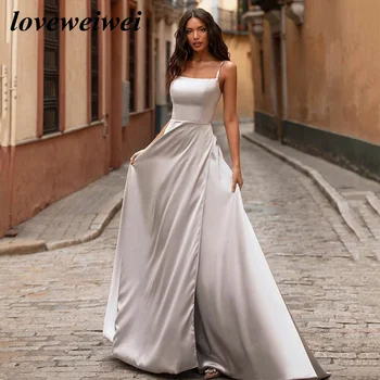 Loveweiwei Silver Square Backless Satino Prom Dresses Elegantiškas-Line Pusėje Ritininės Oficialią Vakaro Drabužiai Su Kišenėmis, esančiomis rūbeliai de soirée