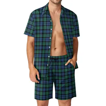 Derliaus Pledas Žalia Vyrų Rinkiniai Campbell Languotas Škotijos Streetwear Atsitiktinis Marškinėliai Nustatyti Trumpi Rankovėmis Šortai Vasaros Paplūdimio Kostiumas Didelis Dydis