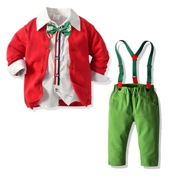2020 Kalėdų berniukui drabužėlių rinkinys / Balta palaidinė su bowtie + Raudonas Megztinis+Žalia suspender