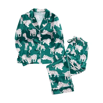 2021 white tiger gyvūnų spausdinti elegantiškas temperamentas pižama moterų vasaros plonas lankas moterų šilko sleepwear rinkinys