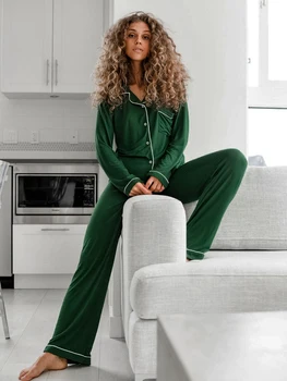 Linad Megzti moteriški naktiniai drabužiai Žalia 2 Gabalas Rinkiniai Pižama ilgomis Rankovėmis Moteriška Laisvalaikio Kelnių Kostiumai 2022 M. Rudenį Sleepwear Kietas
