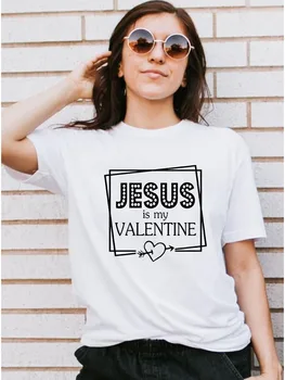 Jėzus Yra Mano Valentino Spausdinti Moterų Krikščionių Trumpas Rankovės Streetwear Dievo, Tikėjimo T Shirts Moteris Valentino Dienos Dovanų, Derliaus Viršūnės