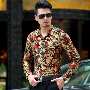 Naujausias Rudens Stiliaus Ilgomis Rankovėmis Gėlių Spausdinti Vyrų Marškinėliai Poliesterio Audinio Atsitiktinis Suknelė Marškiniai