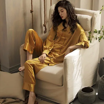 2022 Naujus Satino Prabangos Geltonos 2 Vnt Nustatyti Pijamas Moterų Derliaus Sleepwear Elegantiškas Šilko Ilgomis Rankovėmis, Kelnes Rudens Namų Suit Apranga