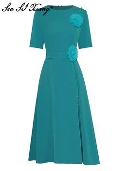 Seasixiang Mados Dizaineris Vasaros Suknelė Moterims, O-Kaklo trumpomis Rankovėmis 3D Appliques Elegantiškas Šalis 