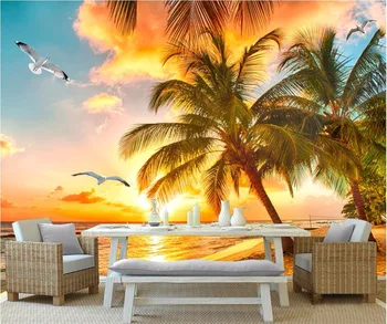 3d sienų freskomis tapetai gyvenimo kambario sienos 3 d foto tapetai, Paplūdimys saulėtekio kokoso medžių puošimas Užsakymą freskos tapyba
