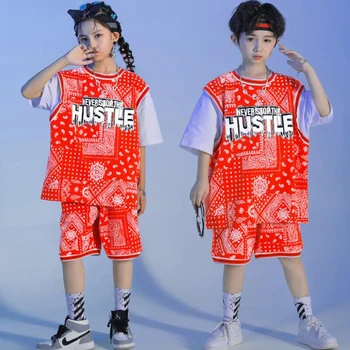 Vaikai Kpop Komplektus Hip-Hop Drabužių Harajuku Raudona Spausdinti Negabaritinių Marškinėliai Šortai Viršuje Girl Berniukas Džiazo Šokio Kostiumų Etape Drabužiai