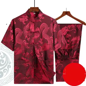 Vyrų Kinijos Tradicinės Drabužiai Marškinėliai Ir Kelnės Stand-up Apykaklės Hanfu Atsitiktinis Dragon Modelis Vyrų Kung Fu Tango Kostiumas
