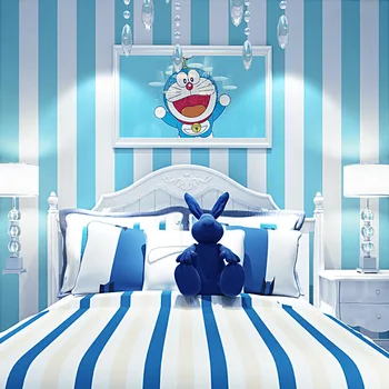 Viduržemio jūros Mėlyna Tapetai, neaustiniai Miegamojo, Vaikų Kambario Doraemon Dingdang Kačių Temą Mėlynos Vertikalios Juostelės Tapetai