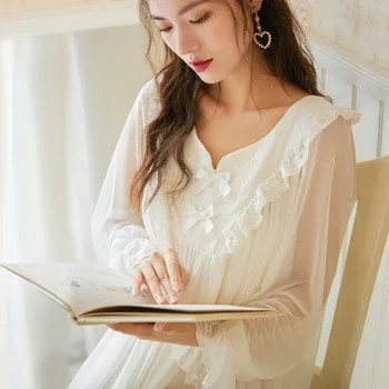 Vintage Stiliaus Rūmai Elegantiškas Moteris Nightgowns Sleepshirts Ilgomis Rankovėmis Ilga Suknelė Sleep & Lounge Baltas Saldus Puikus Naktiniai Drabužiai