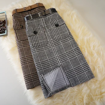 Naujas vilnos žiemos sijonas su vidutinio ilgio šviesą check-line sijonas kišenėje aukštos juosmens slim fit