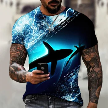 2022 Europos ir Amerikos nauja, T-shirt Didelis Ryklys 3D skaitmeninis atspausdintas trumpas rankovės pavasario ir vasaros laisvalaikio T-shirt jauni vyrai
